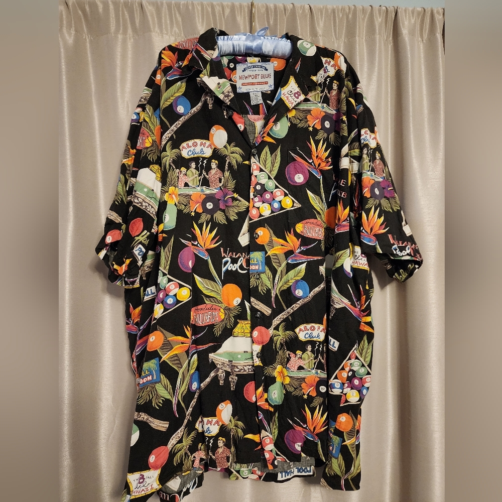 Vintage 90s Newport Blue 3XLT Tacky Hawaiian Billiards 🎱